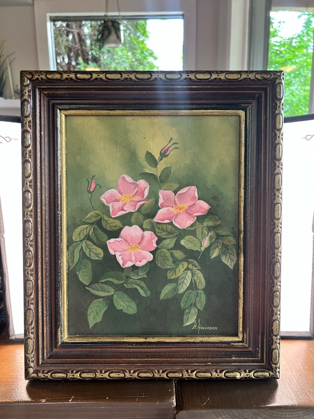 Beautiful 8x10 wild rose framed signed oil painting